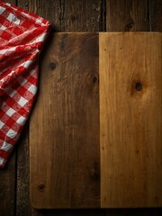 Obraz premium Empty cutting board with a kitchen cloth, on a wooden background.