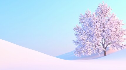 Fototapeta premium A serene winter landscape featuring a snow-covered tree against a pastel sky. Perfect for capturing the beauty of winter.