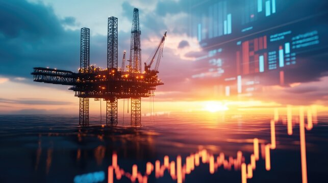 A vibrant sunset over an offshore oil rig showcasing modern technology and energy production in a dynamic landscape.