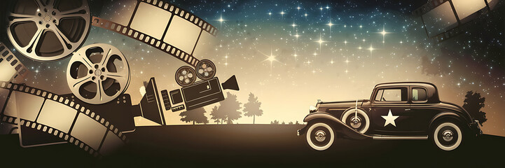 Vintage film reels and a classic car under a starry sky evoke nostalgia and a sense of old Hollywood glamour   
