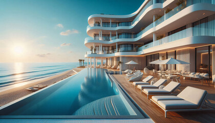Sea view Luxury modern white hotel on the beach with swimming pool. Sunbed on sundeck
