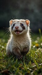 Fototapeta premium Ferret running through grass, colorful and dynamic, isolated on white.