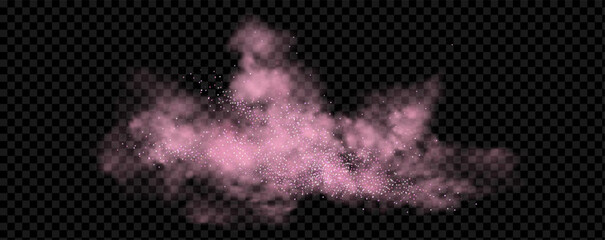 Pink powder dust with glittering shimmering swirls, shiny glitter design. Magical motion, sparkling lines on a black background.