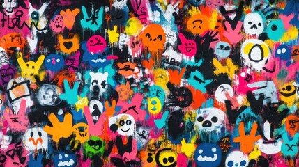 A vibrant collage of colorful handprints and playful skulls, showcasing street art style.