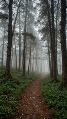 Forest path in a foggy morning