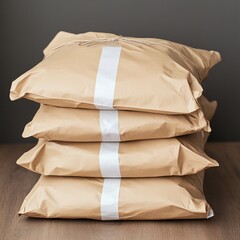 Four stacked packages wrapped in brown paper with white stripes.