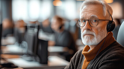 Fototapeta premium Elderly Employee at Bustling Call Center Workspace