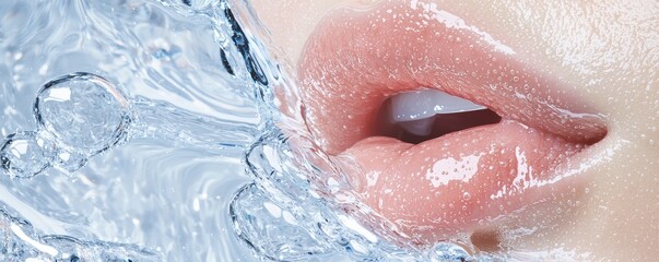 Fototapeta premium A beauty shot of glossy, healthy lips surrounded by bubbles and rippling water, symbolizing the moisturizing and refreshing effects of premium skincare.