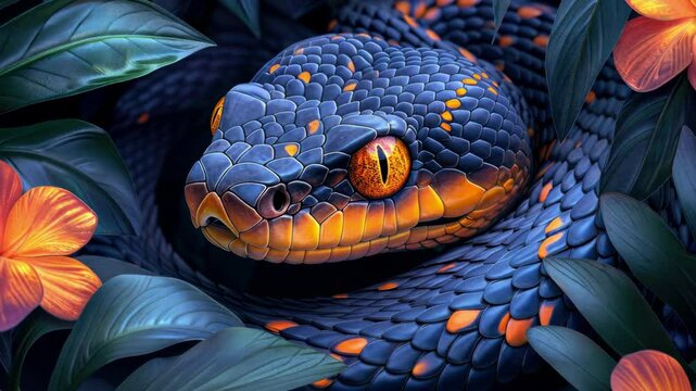 Illustration of a snake in tropical greenery and flower for 2025 calendar, the year of the snake, with a focus on patterns and colors.