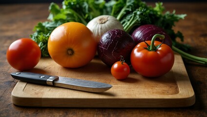 Fresh vegetables displayed on a chopping board.