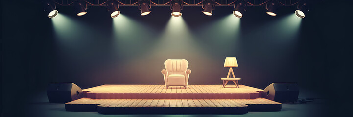 A vintage stage with a spotlight on a beige armchair and a lamp  perfect for a cozy and intimate event   