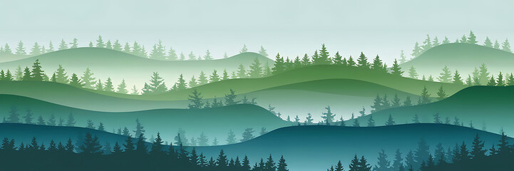 Fototapeta premium Green and blue misty hills with pine trees nature background tranquility and serenity perfect for travel and relaxation 