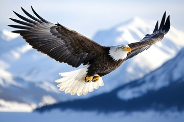 Obraz premium Majestic bald eagle in flight against blue sky