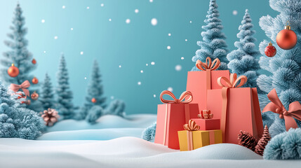 Christmas tree with gifts in a snowy winter scene