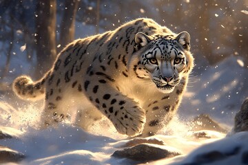 Fototapeta premium Snow leopard navigating rocky terrain