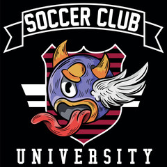 Design of a creature with one eye, wings and a devilish tongue in an urban skateboard tattoo style, horns and texts in a background with numbers and aspects of a school or university, cities