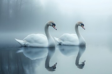 Obraz premium White swans gliding on calm pond