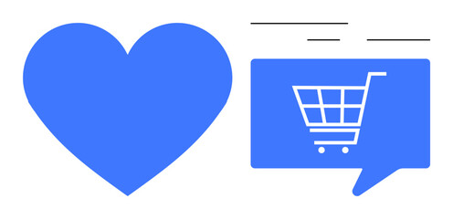 Blue heart next to a blue shopping cart inside a chat bubble, with motion lines. Ideal for online shopping, e-commerce, digital marketing, customer engagement, social media, retail promotions