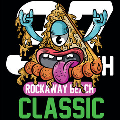 Urban pizza illustration with tongue and hands up, bright colors with urban and city texts with numbers in college style, grunge skateboard designs and evoking the current lifestyle.