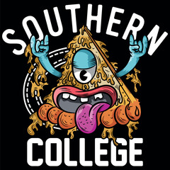 Urban pizza illustration with tongue and hands up, bright colors with urban and city texts with numbers in college style, grunge skateboard designs and evoking the current lifestyle.
