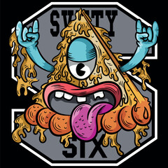 Urban pizza illustration with tongue and hands up, bright colors with urban and city texts with numbers in college style, grunge skateboard designs and evoking the current lifestyle.