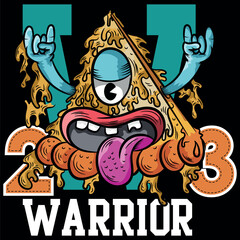 Urban pizza illustration with tongue and hands up, bright colors with urban and city texts with numbers in college style, grunge skateboard designs and evoking the current lifestyle.
