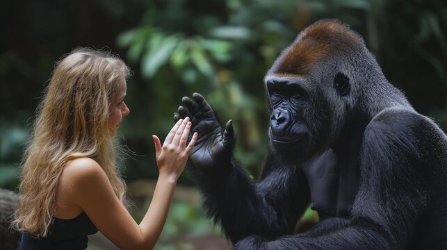an 18 year old girl with a sad face is waving goodbye to a gorilla