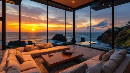 Fototapeta premium Luxurious modern living room with floor-to-ceiling windows offers stunning ocean sunset views in a coastal paradise