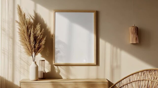 A simple room with natural light streaming in, featuring a large vase of pampas grass and a blank frame hanging on the wall