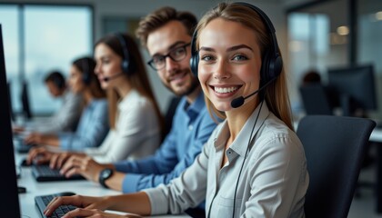 Smiling call center team with headsets working in office

