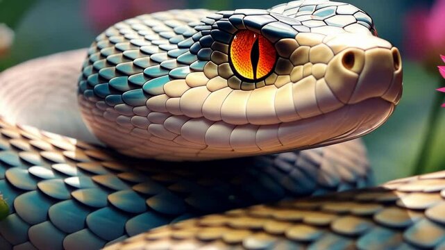 The snake is the symbol of the year 2025. A cute little snake with big eyes in spring forest, with drops, sparks and flowers. Calendar new year 2025.