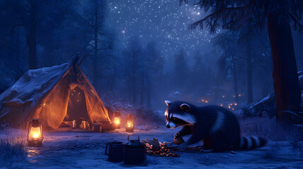 A Nocturnal Raccoon Adventuring Through a Campsite Under the Starry Sky and Glowing Lanterns