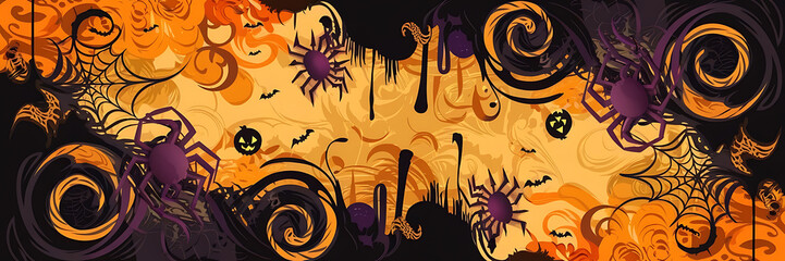 Orange and purple Halloween background with spiders and bats for spooky party invitations   