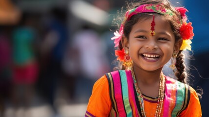 A cheerful child dressed in vibrant traditional attire laughs heartily, embodying pure joy and cultural celebration in a bustling festive setting.