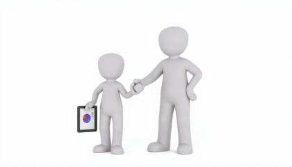 3D stick figure pointing at pie chart, glossy white, data analysis illustration with copy space for business content