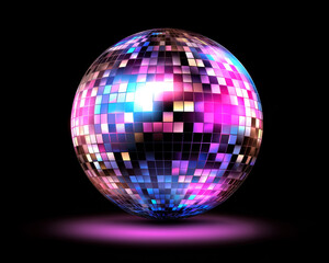 A lone disco ball spinning in a dark room, casting vibrant pink and blue light patterns