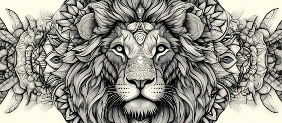 Detailed illustration of a lion's face with intricate patterns and a mandala background.