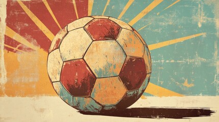 Vintage style illustration of a soccer ball on a textured background with a radial pattern.