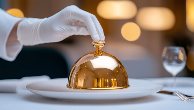 A luxurious dining presentation with a shiny gold cloche lifted by a gloved hand, capturing the glamour and precision of fine dining service.