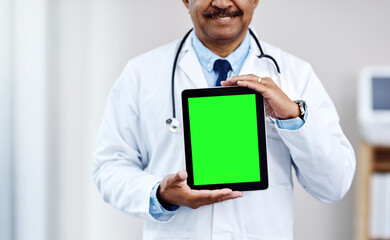 Happy man, hands and doctor with tablet screen for advertising, marketing or app at hospital. Closeup, male person or medical professional with technology display, mockup space or chromakey at clinic