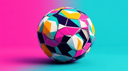Naklejka premium Abstract geometric sphere with bright colors on pink and blue gradient background.