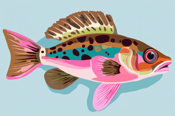 Fototapeta premium A vibrant fish illustration showcases vivid colors and striking spots, blending pink, brown, and turquoise shades against a minimalist backdrop, bringing aquatic art to life.