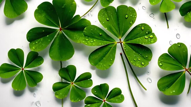 Fresh Clover Leaves with Water Droplets on Clean White Background