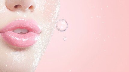 Fototapeta premium A refreshing image of moisturized lips with water and bubbles in a soft, minimal background, capturing the purity and hydration benefits of a high-end beauty product.