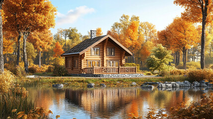 Fototapeta premium Wooden hunting house and pond in autumn in light colors. Real view