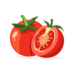 Fresh cartoon farming tomatoes whole, half and sliced isolated on white background, Tomato. Whole and half cut tomatoes. Vector cartoon illustration. Vegetables pile Isolated on White background