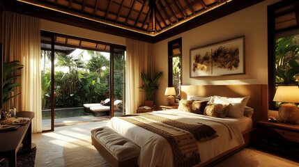 bedroom interior, cozy bed, warm colors, comfort