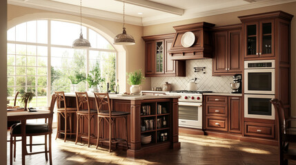 Fototapeta premium Interior of a cozy kitchen in American style. Light colors