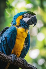 A brightly colored parrot perched on a branch against a blurred green background.