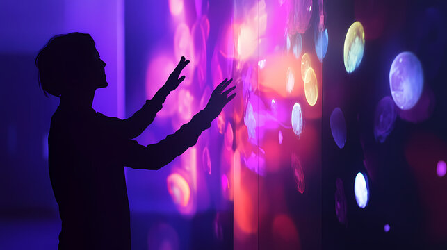 Person exploring an interactive art exhibit, emphasizing the power of immersive experiences to inspire and engage. Silhouette Art. Illustration
